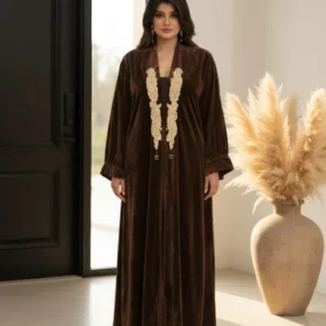 Brown velvet open front abaya/kimono with hand-embroidered