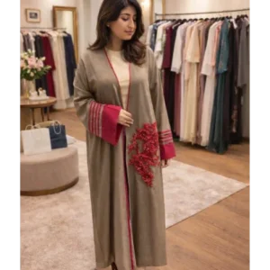 Brown linen cotton blend open front abaya/kimono