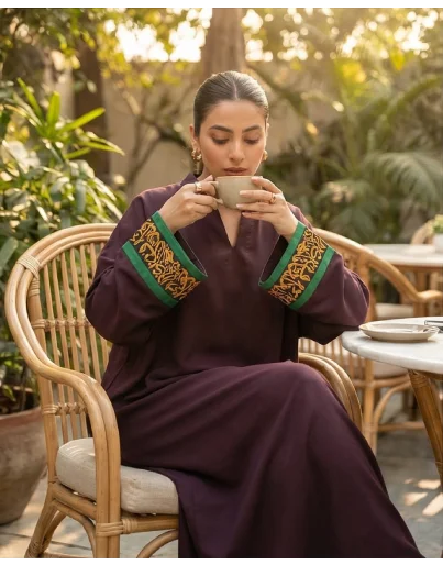 Detailed calligraphy on chocolate brown georgette kaftan.