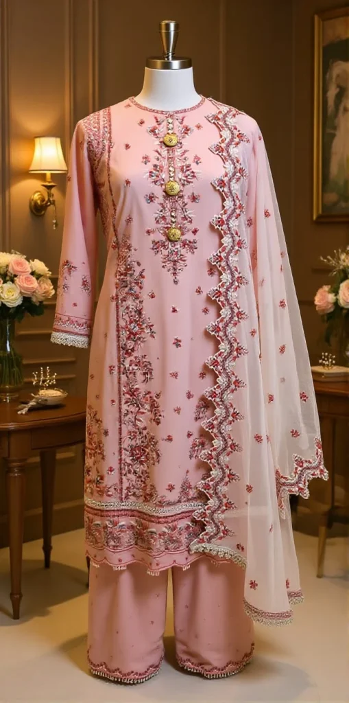 Light Pink Cotton 03 piece Hussein Rehar suit kundan buttons, organza dupatta.