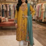 03 piece stitched, embroidered cotton Hussein Rehar suit in Mustard