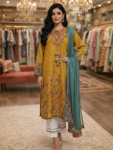 03 piece stitched, embroidered cotton Hussein Rehar suit in Mustard