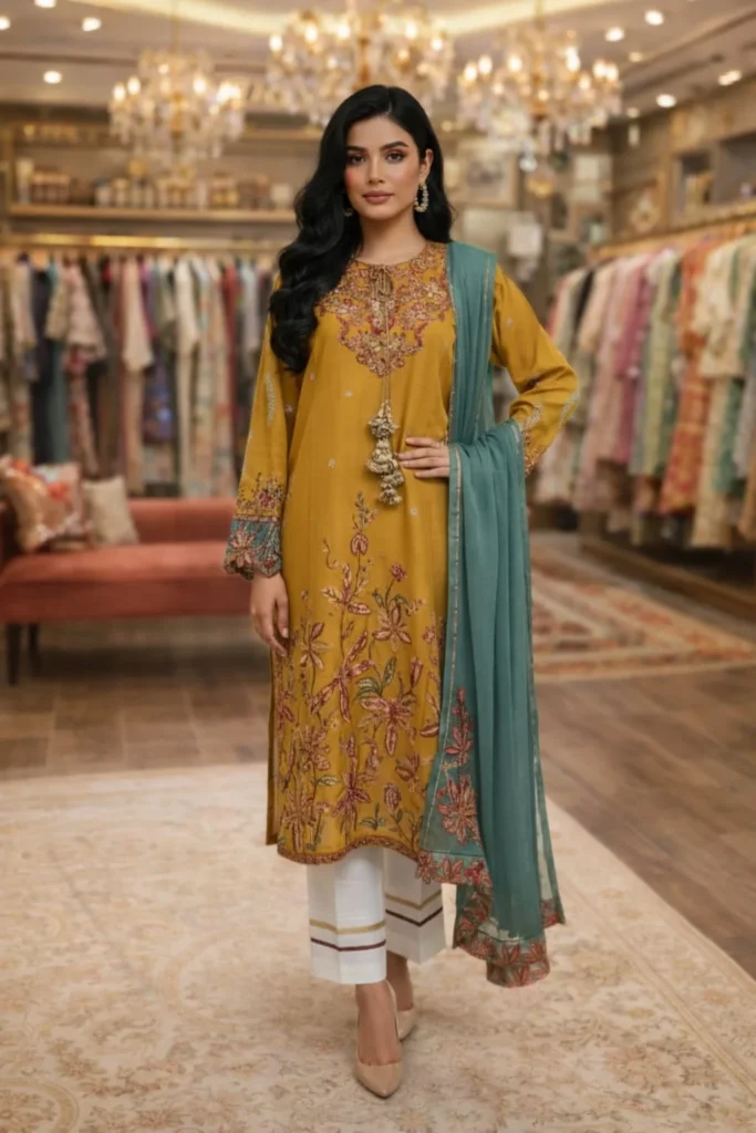 03 piece stitched, embroidered cotton Hussein Rehar suit in Mustard